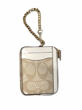 NWT COACH Signature Card Case with Gold Chain - Khaki/Chalk